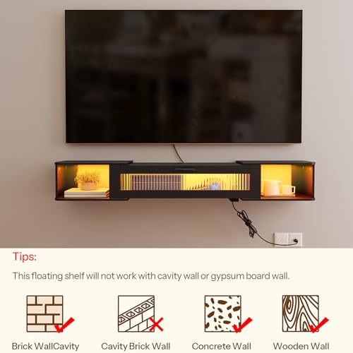 55.1 Inch Floating TV Shelf with LED Light & Power Outlets, Wall Mounted Entertainment Center, Black