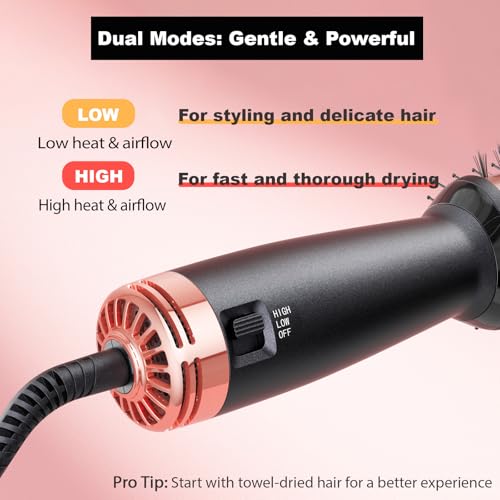 Pink Gold Dual Voltage Travel Hair Dryer Brush with Pouch - Compact, Lightweight, 2 Speed, 360° Swivel, Curls & Volume