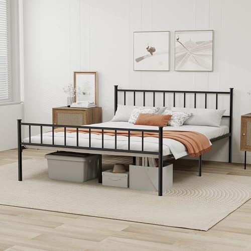 Black Full Size Metal Platform Bed Frame with Headboard & Storage