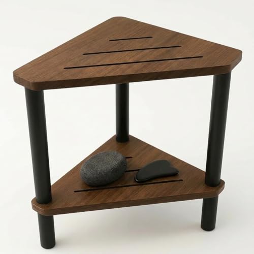 Corner Teak Shower Stool with Shelf - Waterproof Wooden Bathroom Seat