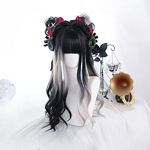 Osseoca Wavy Long Black & White Synthetic Hair Wig - Lolita Princess Style (Size 16)