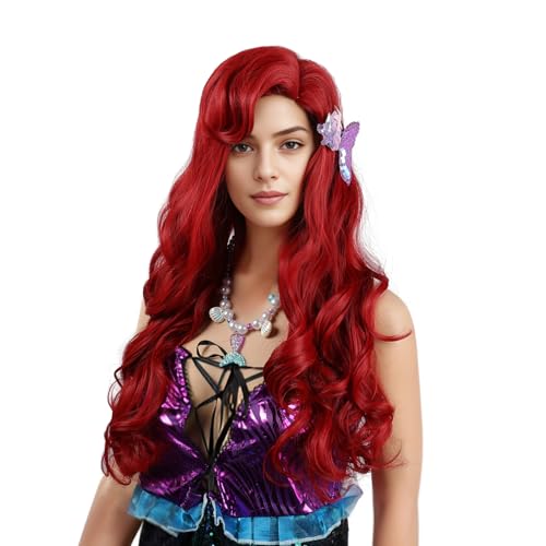 Red Wavy Mermaid Wig for Women - Long Curly Halloween Costume Accessory
