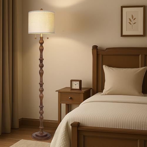 Dark Brown Natural Wood Floor Lamp with Linen Shade & Dual Pull Chain Switch