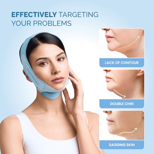 PLANTIFIQUE Chin Strap for Face Contouring - Reusable V Line Ice Silk Fabric Mask - Double Chin Shaping, Adjustable, Breathable Fabric - Jawline Shaper for Women & Men (Blue)