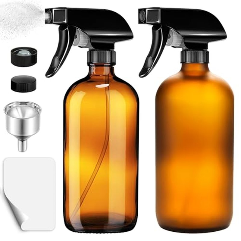 Glass Spray Bottle, 2 Pack 16oz Empty Sprayer with Funnel & Cap & Labels, Large Refillable Mist Bottles for Cleaning, Plant, Essential Oil, Facial Hydration, Water Flower & Hair, (Amber & Frosted)