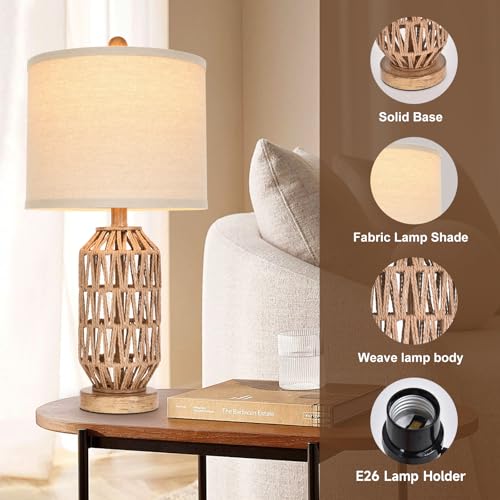 Set of 2 Rattan & Fabric Drum Shade Table Lamps - Boho Coastal Home Decor