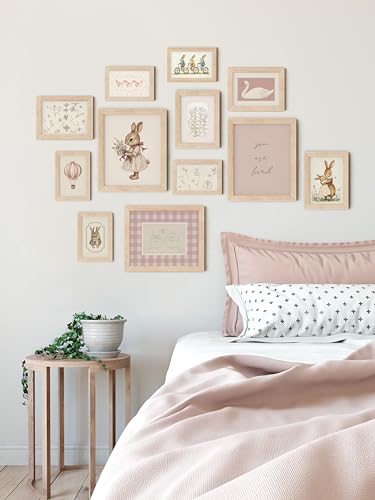 Framed Nursery Wall Art Set for Baby Girls - Pink Bunny, Swan, Animals, 12 Prints in Multi Sizes