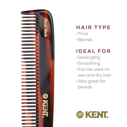 Kent R9T All Coarse Hair Detangling, Wide Teeth Dressing Table Comb for Thick Curly and Wavy Hair. Detangler Comb for Grooming and Styling, Beard and Mustache.Handmade Saw-Cut and Polished