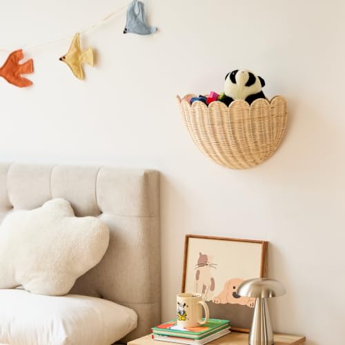 Large & Middle Scalloped Wicker Wall Basket Set - Handwoven Boho Rattan Wall Decor & Storage