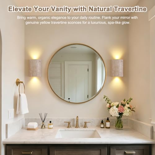 Natural Travertine Wall Sconce with Warm LED Light - Modern Japandi Minimalist Wall Lamp for Bedroom Living Room Hallway