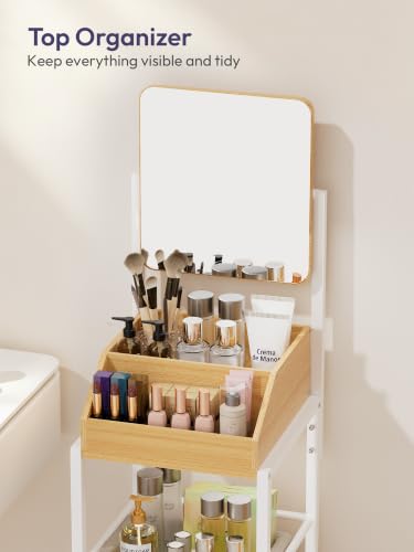 White Makeup Organizer Cart with Mirror and Storage Drawers - Rotating Vanity Trolley