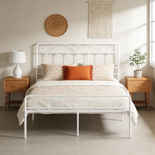 Full Size Metal Headboard for Bed Frame - White Victorian Style, Adjustable Height