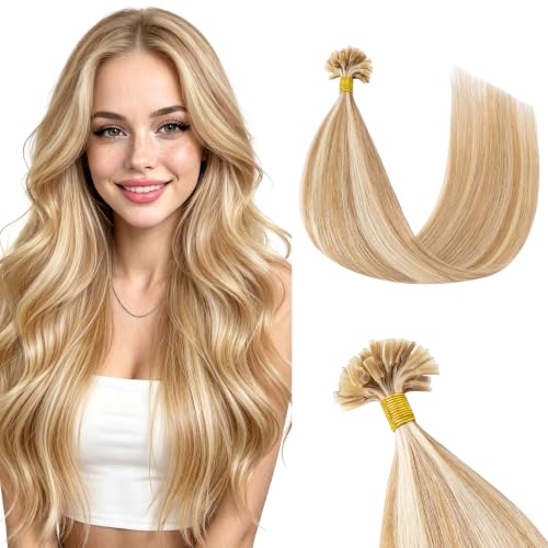 K Tip Hair Extensions - Real Human Hair, 20 Inch, Golden Brown & Bleach Blonde, 25 Strands