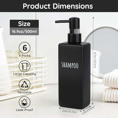 Black 6 Pack Matte Soap Dispensers - Refillable 16.9 oz Bottles for Bathroom & Hotel
