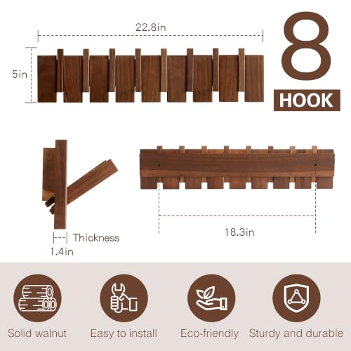 QUELLANCE Wooden Wall Coat Rack with 8 Hooks - Handmade Walnut & Beech Wall Mount Organizer