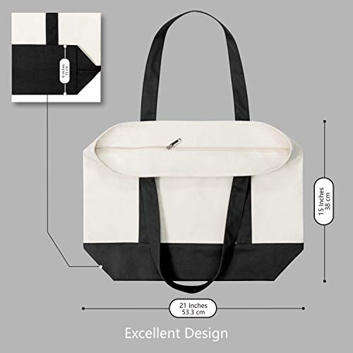 Large Reusable Canvas Tote Bag with External Pocket - Black/Natural, 6 Pack