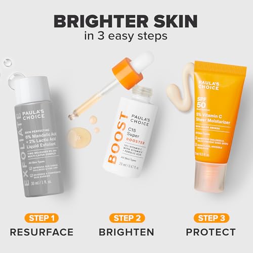 Paula's Choice Vitamin C15 Super Booster 15% Face Serum - Kit with SPF 50 Sunscreen & Exfoliant