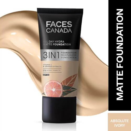 FACESCANADA All Day Hydra Matte Foundation with SPF 30 - Absolute Ivory | 3-in-1 Foundation Moisturizer Sunscreen | Oil Free with Vitamin C | 0.85 Fl oz (25ml)