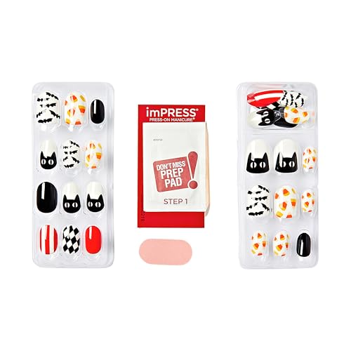 KISS Impress Press-On Manicure Fake Nails, Spooky Fairy - Short Length, Round Shape, Polish-Free Halloween Theme Mani, Includes Prep Pad, Mini File, Manicure Stick, and 30 Fake Nails