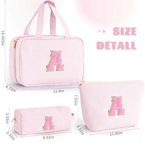 Fystdtote Personalized Initial Makeup Bag Set, Pink Travel Toiletry Bags for Teens 8-16