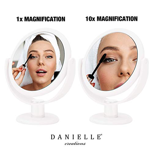 Danielle Creations 6.75-Inch Portable Double-Sided Makeup Mirror, 10x Magnification, No-Slip, 360° Rotation, 9.3" x 7.3" White