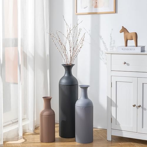Sziqiqi Earth Tone Tall Metal Floor Vase Set - Large Ribbed Standing Decor, 3-Piece