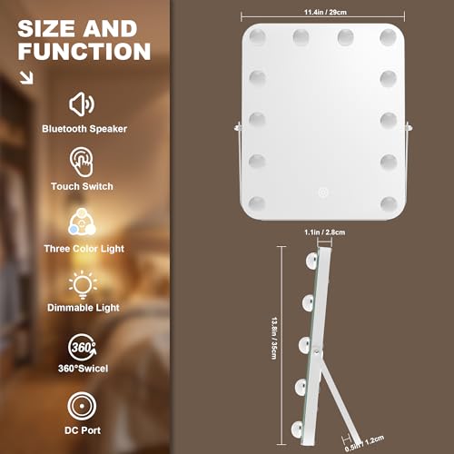 MINISO Vanity Mirror with Lights and Bluetooth Speaker- 11.4" x 13.8" Hollywood Makeup Mirror with 3 Color Lights, Smart Touch Control, Rounded Rectangle White Frame