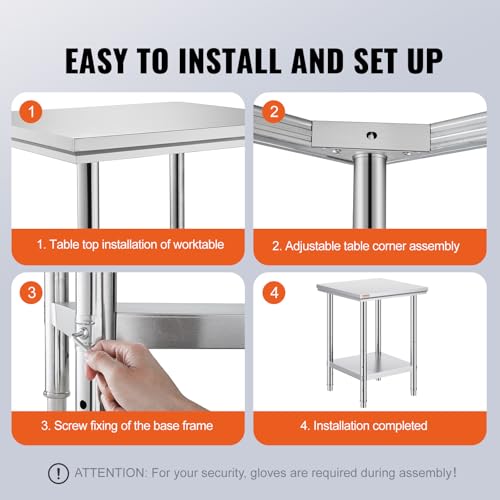 Stainless Steel Commercial Kitchen Prep Work Table - 24x24x32 Inch, Adjustable Undershelf, VEVOR