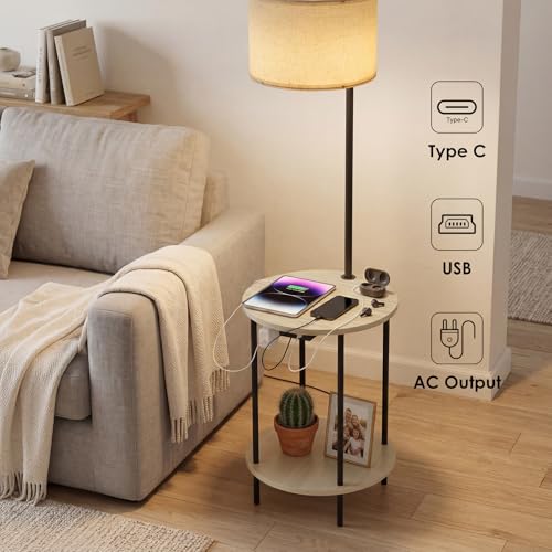 ONWISH Floor Lamp with Table & USB-C Charging Ports - Off-White