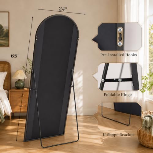 Easly 65x24 Black Arched Floor Mirror with Stand - Full-Length Wall Mirror, Aluminum Frame