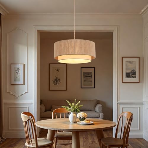 Buovikalo Brown & White Rattan Plug-In Pendant Light, 18” Boho Chandelier with Hemp Rope Shade
