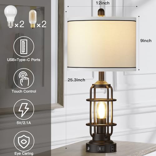 Black Industrial Dimmable Bedside Table Lamp with USB-C & AC Outlet - Modern Nightstand Light - 4 Bulbs Included - Rustic Touch Control