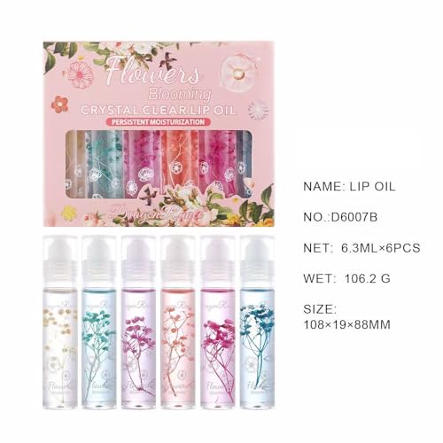 Petansy Flower Jelly Lip Oil Set 6 Packs Moisturizer Long Lasting Roll On Lip Gloss Set with Real Flowers Glossy Lip Make-up for Dry and Chapped Lips