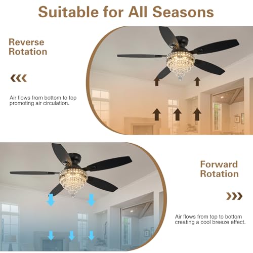 Crystal Ceiling Fan with Light - 50 Inch Black Fandelier with Remote Control - Low Profile Modern Fan