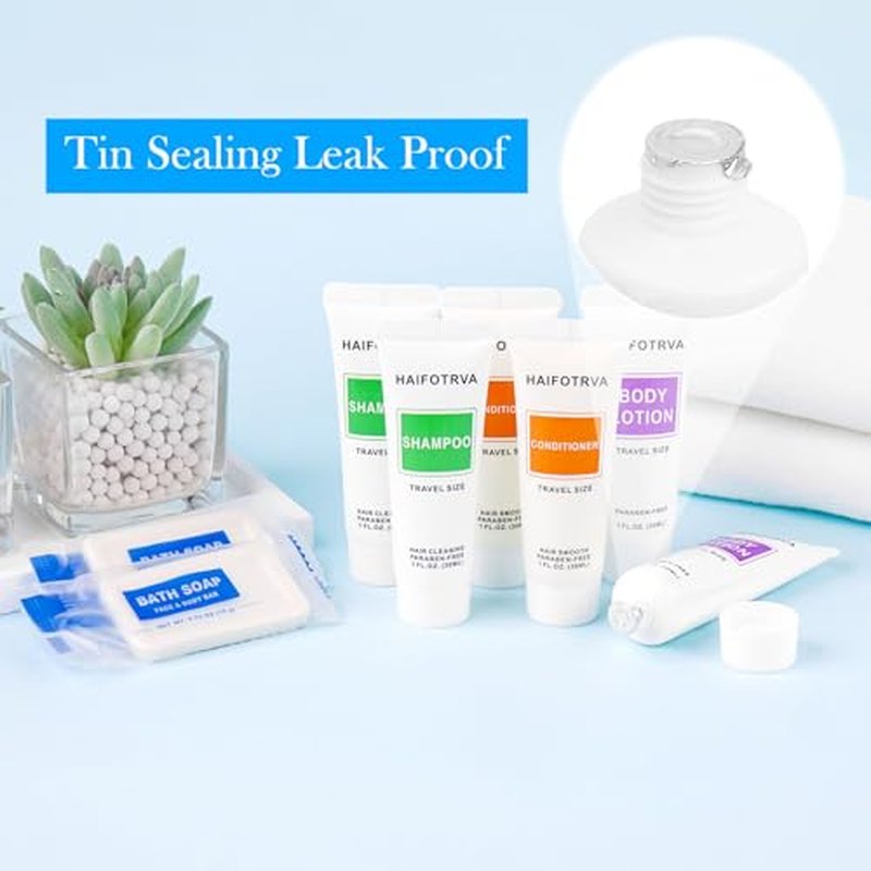 100 Pcs 4-IN-1 Hotel Soaps and Toiletries Bulk Set,4-Piece Set Mini Bulk Travel Size Toiletries Set 1 oz each Shampoo,Conditioner, Body Lotion and 0.53 oz Soap Hotel Supplies for Guests,Homeless
