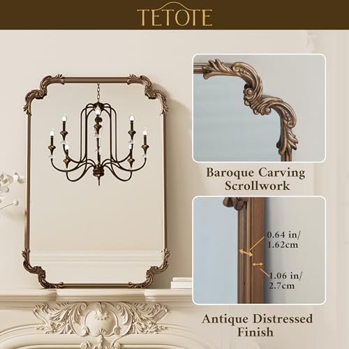 Antique Gold Rectangle Wall Mirror 22 x 30 - Baroque Scroll Frame, French Mantle Style