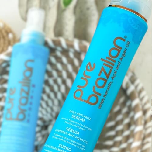 Pure Brazilian Anti-Frizz Leave-In Serum 13.5 Fl Oz - Nourishing Hair Treatment with Keratin & Argan Oil - Protects from Heat & UV