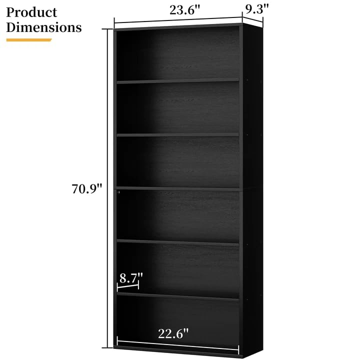Black 6-Tier Open Bookcase - Modern Industrial Floor Standing Shelving