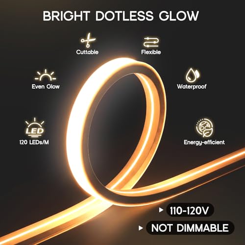 VOEWT Warm White LED Strip Lights 65.6ft Waterproof Neon Rope Lights for Indoor & Outdoor Use