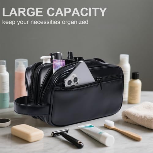 Mens travel toiletry bag Gift For Men, PU Leather Cosmetic Bag Water Resistant Dopp Kit Shaving Pouch Bathroom Toiletries Organizer(Black)