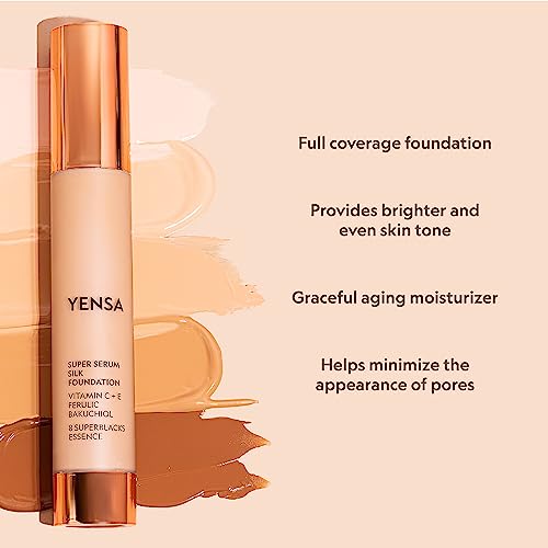 YENSA Serum Foundation Makeup - Super Silk Full Coverage Foundation Enriched with Peptides, Vitamin C & Ferulic Acid to Help Reduce Fine Lines, Wrinkles & Dark Circles - Light 1 (1 oz)