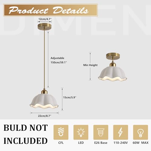 1-Light Modern White Ceramic Pendant Light with Gold Flower Accent - Adjustable Height