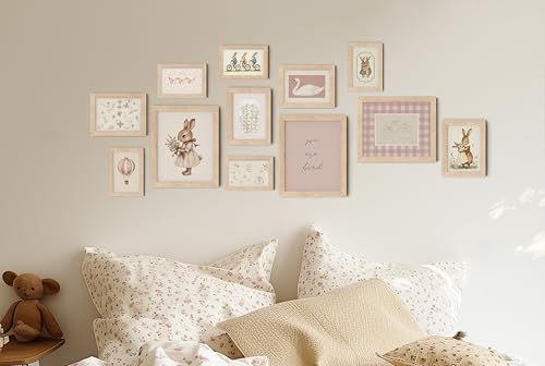 Framed Nursery Wall Art Set for Baby Girls - Pink Bunny, Swan, Animals, 12 Prints in Multi Sizes