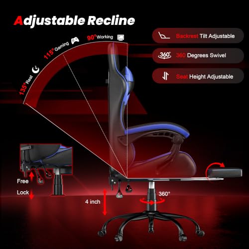 Frovlni Blue Gaming Chair with Footrest, Ergonomic Video Game Chair for Adults