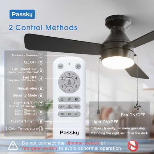 Passky 42 Inch Black Low Profile Ceiling Fan with Light & Remote - Flush Mount