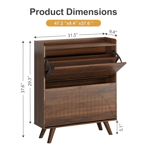 Walnut Shoe Cabinet with 2 Flip-Down Drawers and Adjustable Shelves - 37.6 Inch