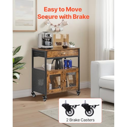 Farmhouse Coffee Bar Cabinet with Wheels & Mesh Doors - Rustic Kitchen Storage