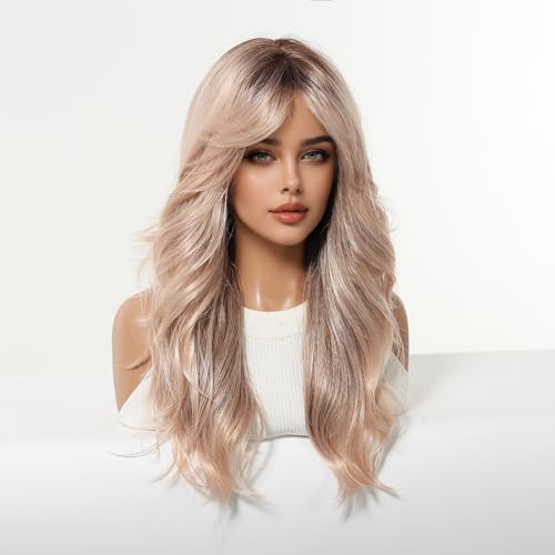 Rose Gold Layered Wavy Long Wig 22 Inch with Bangs for Women - Synthetic, Heat-Resistant, Glueless Style (Variation #9OR22)