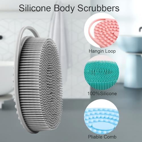6-Pack Silicone Body Scrubber Loofah Set for Sensitive Skin - Black Pink Blue Green Purple Grey