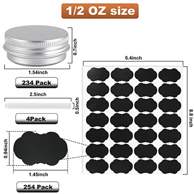 234 Pack Round Cans with Screw Lid 1/2 OZ Aluminum Metal Tins,for DIY homemade lotion bars, salves, and candles, Balms, Spices, Beard Balm, Crafts with 6 Markers 8 Sheets Label Stickers